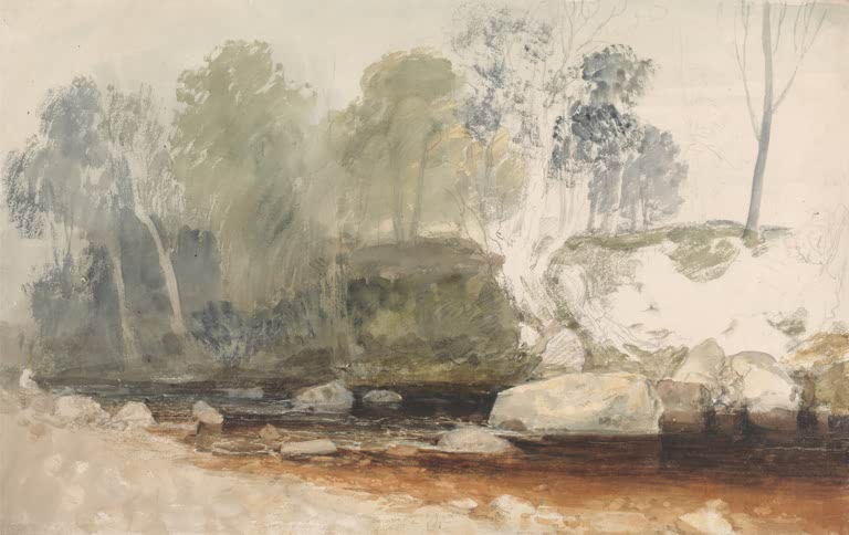 William Turner Am Washburn unvollendetes Flussufer Kunstkopie, Bäume und Felsen am Wasser in Aquarell und Bleistift