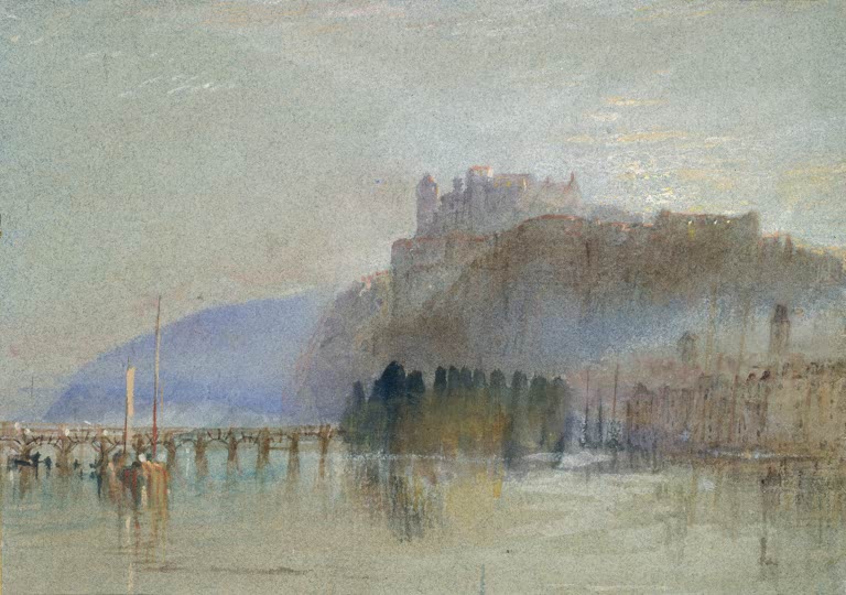 William Turner Amboise, Loire-Ufer im Dunst Kunstkopie, Burgfelsen über der Stadt, Pappelgruppe und Holzbrücke im Nebel