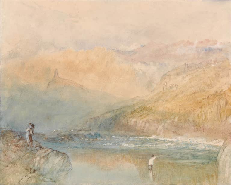 William Turner An der Mosel bei Traben-Trarbach Kunstkopie, goldener Dunst über Hängen und Fluss mit zwei Figuren am Ufer