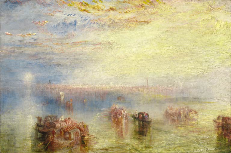 William Turner Annäherung an Venedig Kunstkopie, Boote in der Lagune vor der Stadt im gelb-blauen Dunst