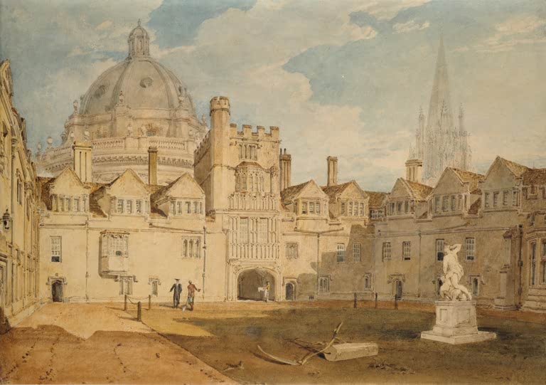 William Turner Innenhof des Brasenose College Kunstkopie, Hof mit Torturm, Kuppelbau, Statue und zwei Männern in Oxford