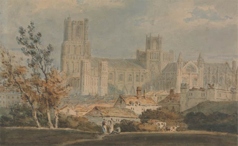 William Turner Ansicht der Kathedrale von Ely Kunstkopie, gotische Kirche über Dächern, Bäumen und Kühen auf der Wiese