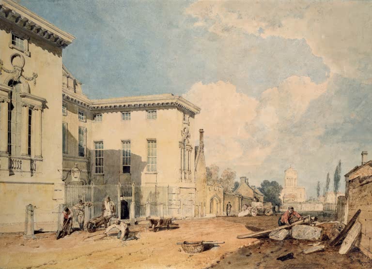 William Turner Ansicht des Worcester College Kunstkopie, helle Fassade, Arbeiter mit Schubkarren und Kutsche in Oxford