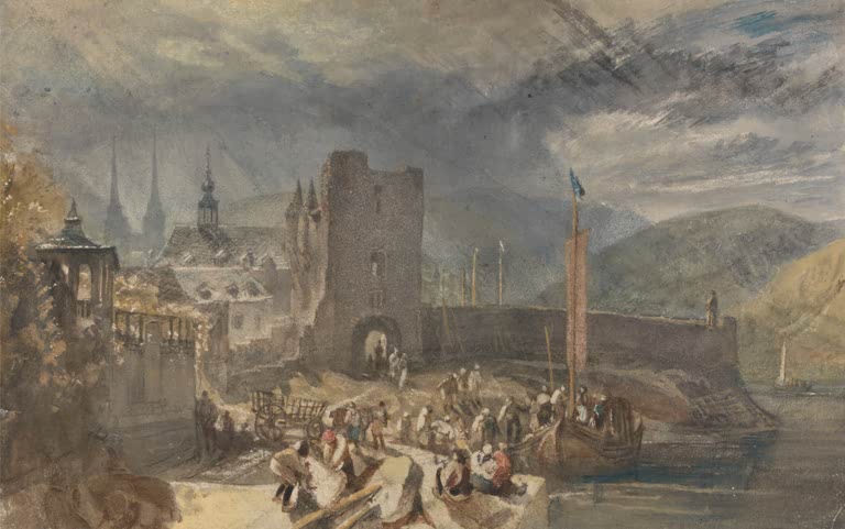William Turner Ansicht von Boppard mit Figuren am Flussufer Kunstkopie, Torturm, Segelboot und Gewitterhimmel am Rhein