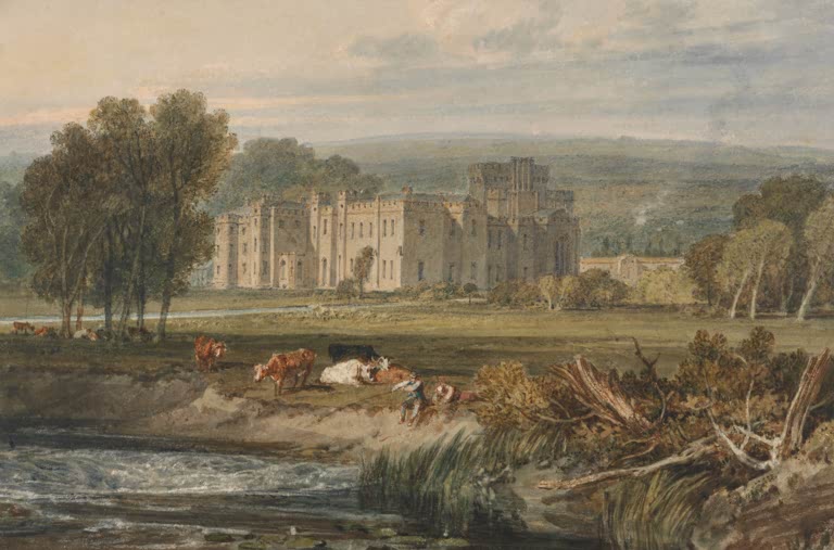 William Turner Ansicht von Hampton Court, Herefordshire, von Südosten Kunstkopie, Schloss hinter Wiese, Rindern und Fluss