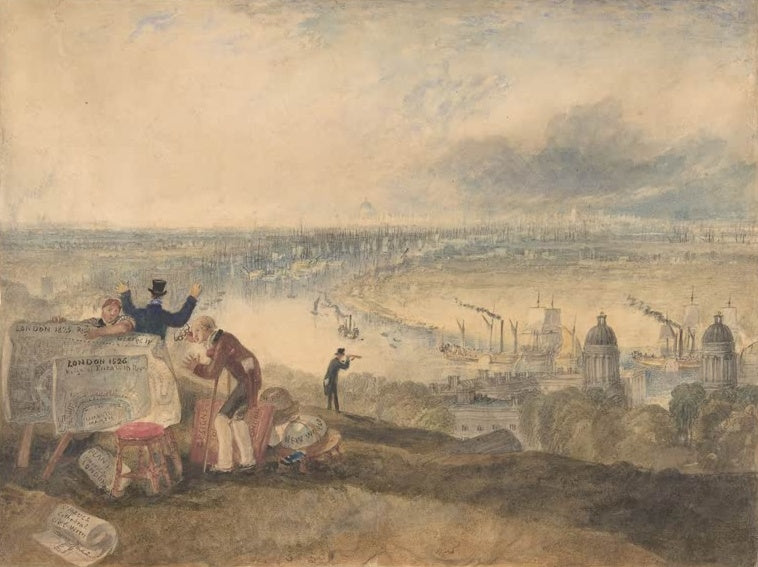 William Turner Ansicht von London von Greenwich Kunstkopie, Themse mit Dampfschiffen, Stadtsilhouette und Besuchern am Hang