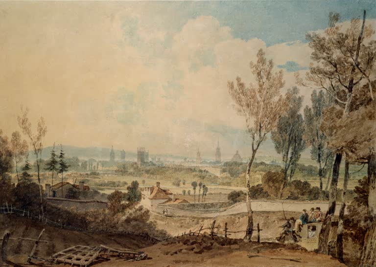 William Turner Ansicht von Oxford Headington Hill Kunstkopie, weite Landschaft mit Türmen am Horizont und Kutsche am Weg
