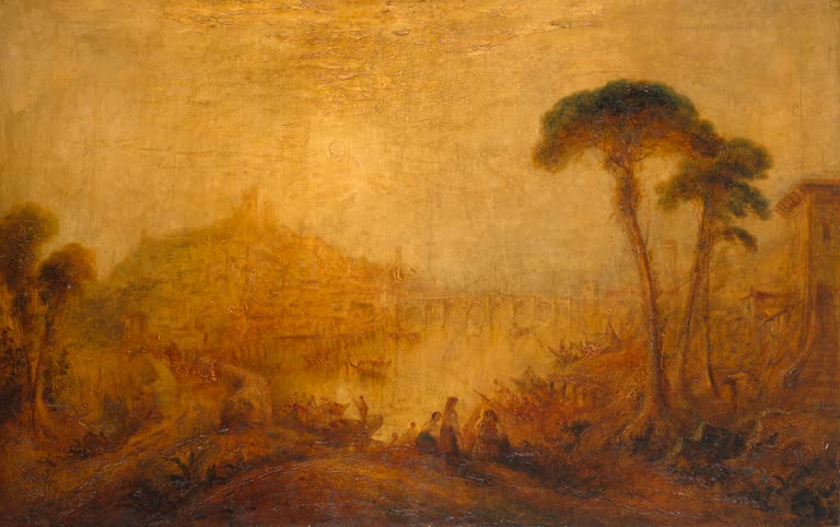 William Turner Antike Landschaft mit Figuren Kunstkopie, goldener Dunst über Pinien, Brücke und Rastenden am Wasser