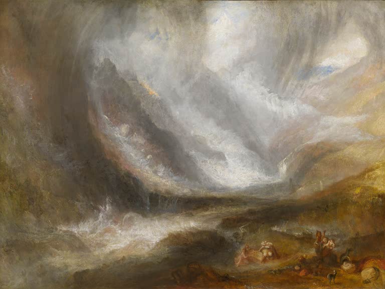 William Turner Aostatal Schneesturm Kunstkopie, wirbelnde Schnee- und Gewitterwolken über einem Alpental mit kleinen Figuren