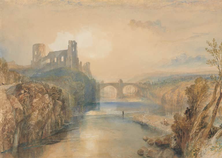 William Turner Barnard Castle über dem Fluss Kunstkopie, Burgruine auf Felsen über goldenem Fluss mit Steinbrücke