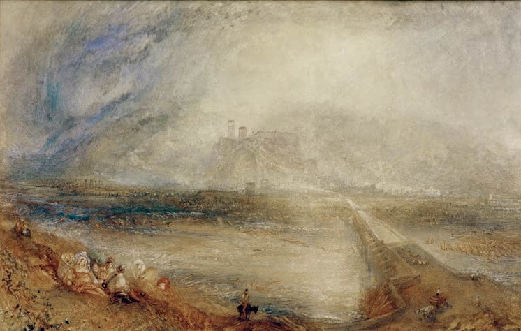 William Turner Bellinzona von der Straße nach Locarno Kunstkopie, Burg im Dunst über Fluss und Brücke, Reisende am Wegrand