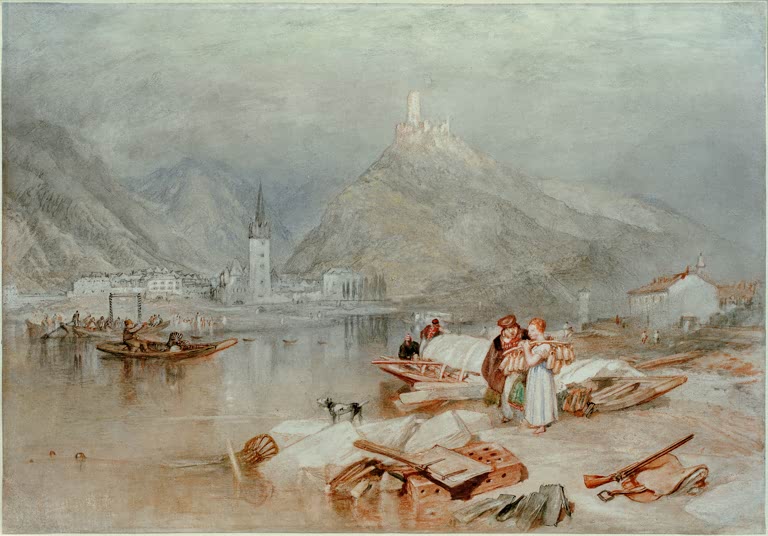 William Turner Bernkastel an der Mosel Kunstkopie, Fluss mit Booten, Kirchturm und Burg Landshut vor dunstigen Bergen
