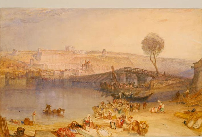 William Turner Blick auf das Schloss von Saint-Germain-en-Laye Kunstkopie, Seine mit Holzbrücke und Wäscherinnen