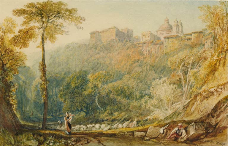 William Turner Blick auf La Riccia Kunstkopie, Hangstadt mit Kuppelkirche über herbstlichem Wald, Hirtin und Schafe