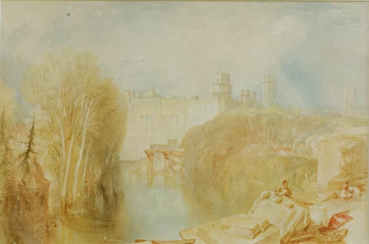William Turner Blick auf Warwick Castle Kunstkopie, Aquarell der Burg im goldenen Dunst über dem Fluss