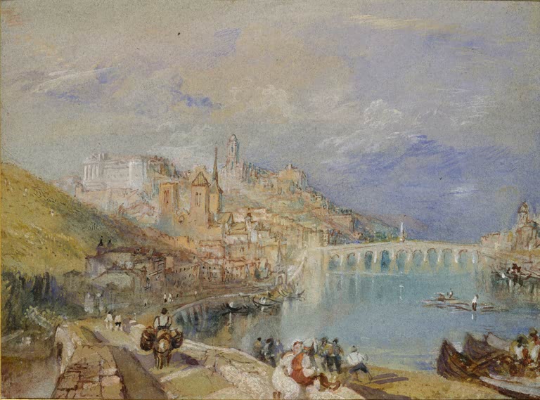 William Turner Blois, Blick über die Loire Kunstkopie, Stadt am Hang, Steinbrücke, Boote und Figuren am sonnigen Flussufer