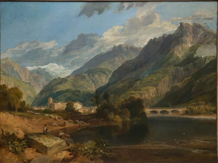 William Turner Bonneville in Savoyen Kunstkopie, Alpental mit Fluss, Steinbrücke und Bergkette unter Wolken
