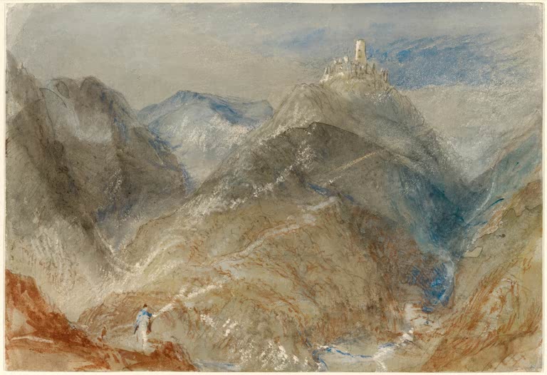 William Turner Burg auf einer Anhöhe bei Genf Kunstkopie, Bergkamm mit Burgturm, rostrote Hänge und kleiner Wanderer im Tal