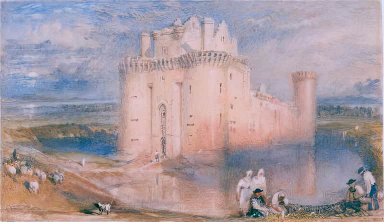 William Turner Burg Caerlaverock Kunstkopie, rosa leuchtende Wasserburg mit Schafherde und Landleuten unter bewegtem Himmel