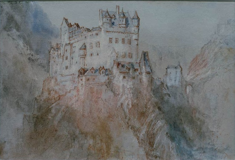 William Turner Burg Eltz Kunstkopie, helle Burg mit Türmchen und Spitzdächern auf einem Felssporn über nebligem Tal