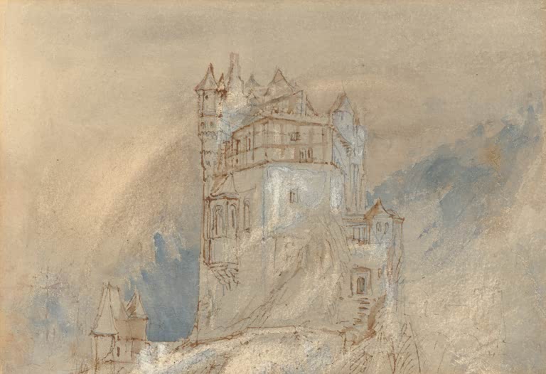 William Turner Burg Eltz von Norden Kunstkopie, Burgturm mit Fachwerk in Federzeichnung und Aquarell auf getöntem Papier