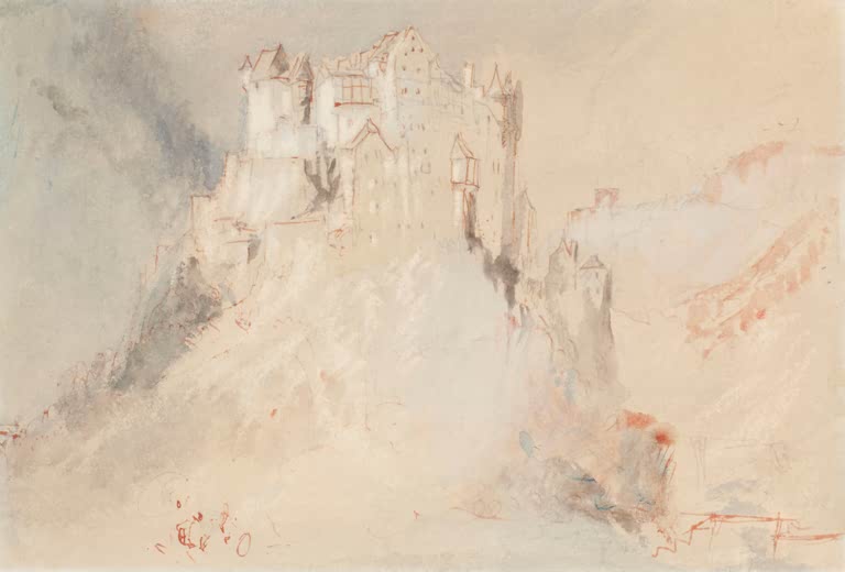 William Turner Burg Eltz von Süden Kunstkopie, helle Burg auf steilem Fels in zarten Aquarellfarben und roten Linien