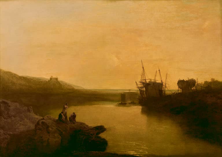William Turner Burg Harlech Kunstkopie, goldener Himmel über einer Bucht mit Segelschiffen und Figuren auf Felsen
