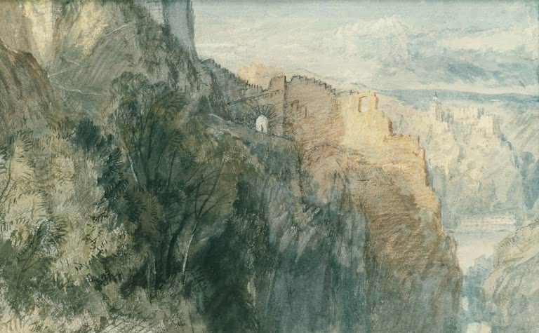 William Turner Burg Katz mit Blick auf Burg Rheinfels Kunstkopie, steile Felsen, Ruinenmauern und weites Rheintal