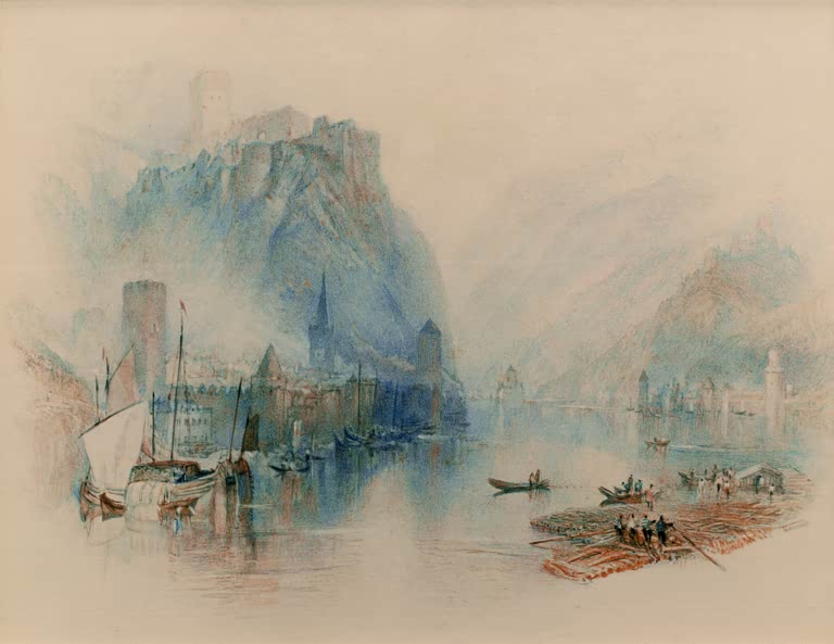 William Turner Burgen am Rhein Kunstkopie, Burg auf blauem Felsen über einer Stadt am Fluss mit Segelschiff und Floß