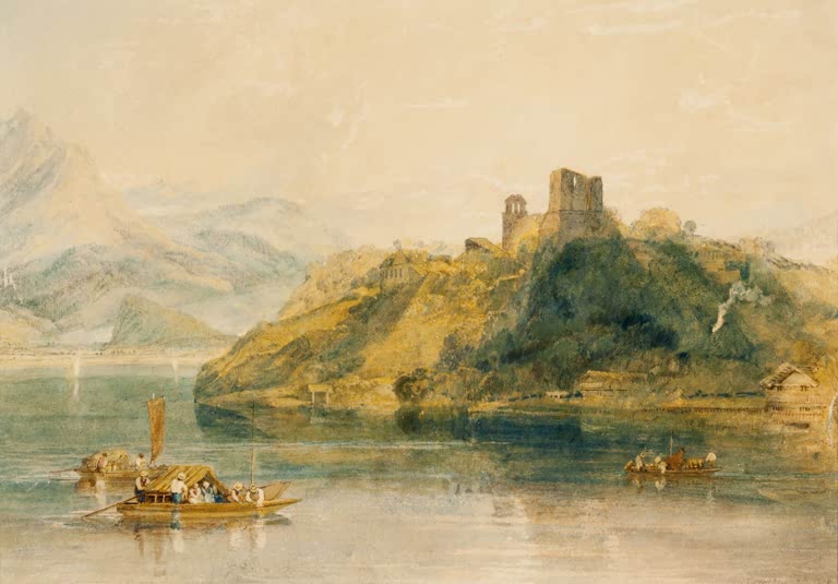 William Turner Château de Rinkenberg Kunstkopie, Burgruine über dem Brienzer See mit Booten auf spiegelndem Wasser