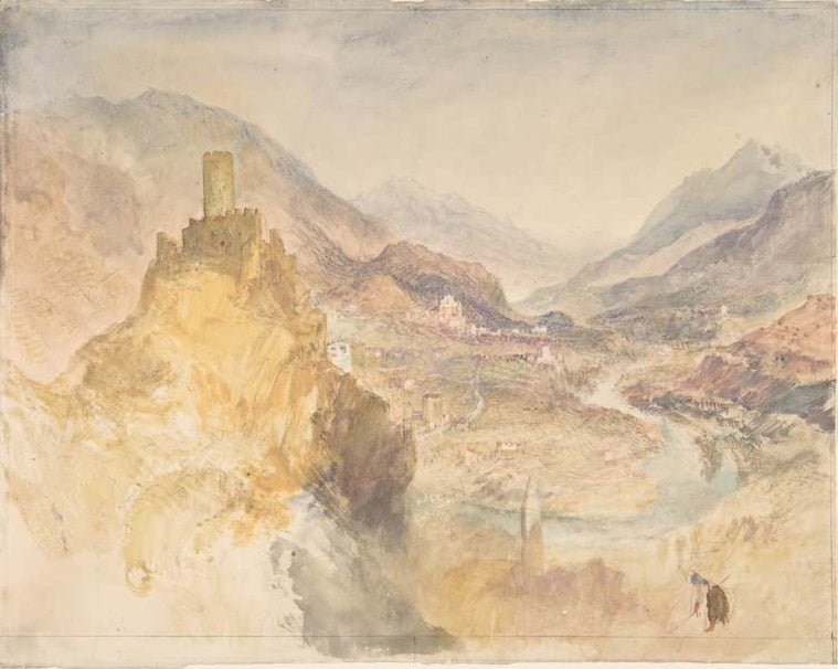William Turner Châtel Argent und das Aostatal Kunstkopie, Burgturm auf goldenem Fels über einem Alpental mit Fluss