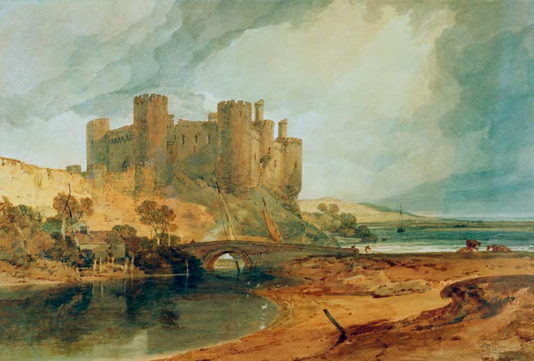 William Turner Conway Castle Kunstkopie, Aquarell der Burg über einer Steinbrücke mit Gewitterhimmel und ruhigem Wasser