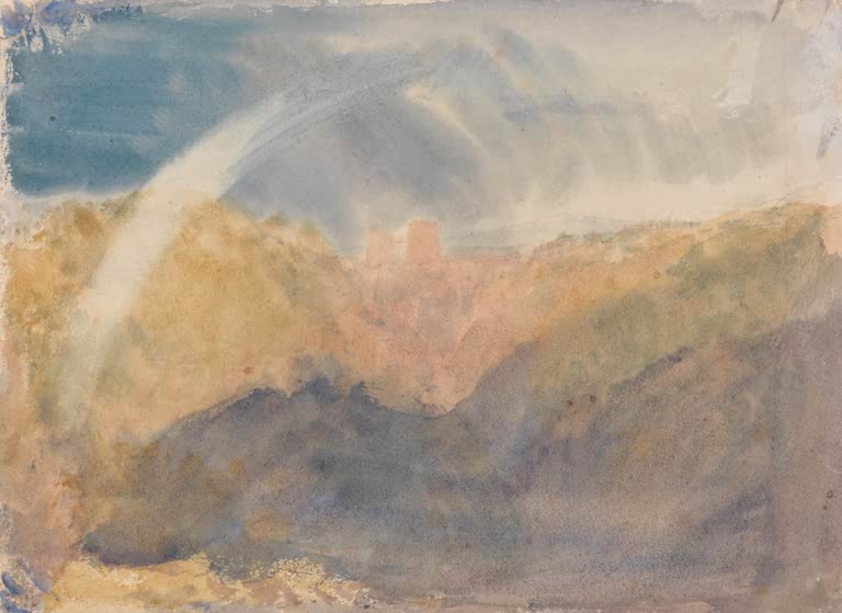 William Turner Crichton Castle, Berglandschaft mit Regenbogen Kunstkopie, goldene Hügel mit Schloss unter blauem Regenhimmel