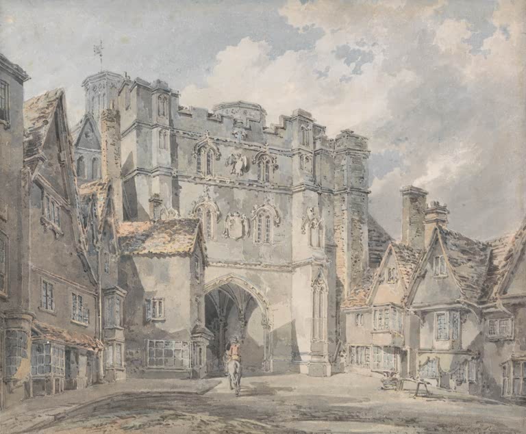 William Turner Das Christ Church Gate in Canterbury Kunstkopie, gotisches Torhaus mit Reiter und Fachwerkhäusern