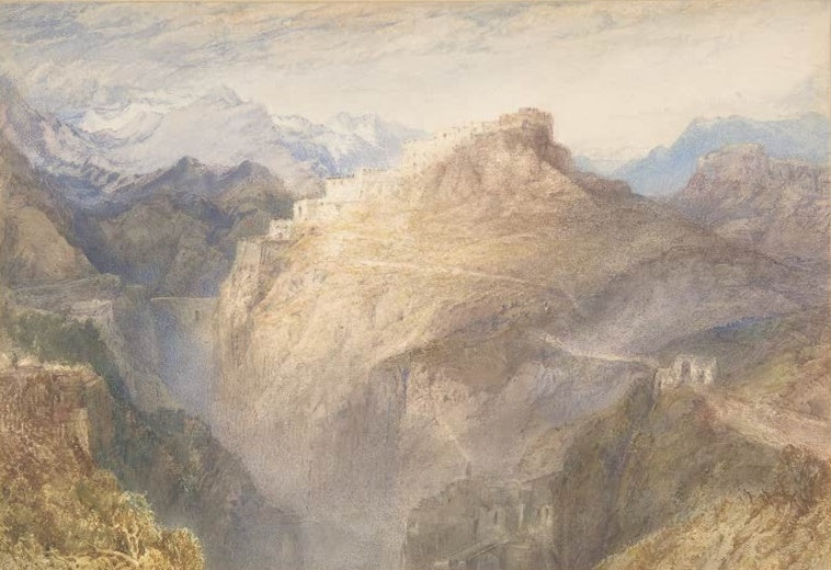 William Turner Fort L'Essillon Kunstkopie, Festung auf steilem Felsgrat über einer Schlucht vor schneebedeckten Alpengipfeln