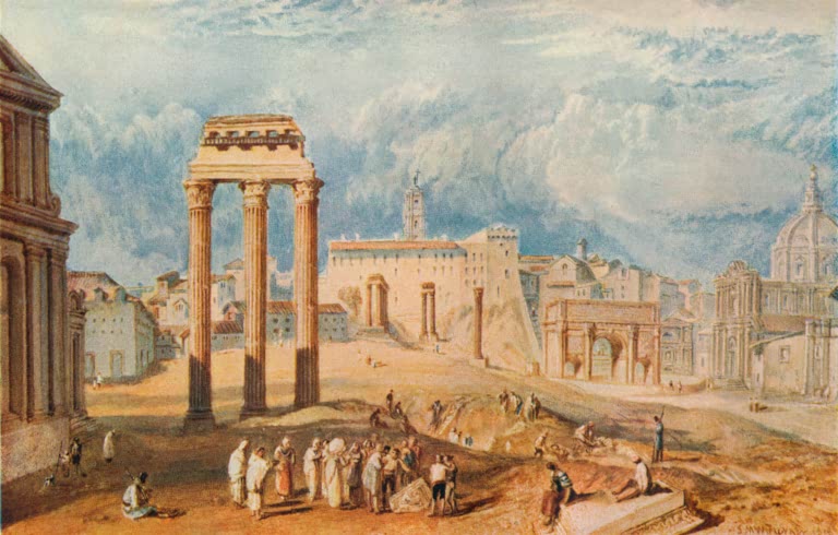 William Turner Das Forum Romanum Kunstkopie, drei antike Säulen und Menschengruppe unter Wolkenhimmel in Rom