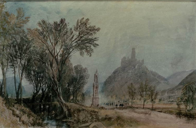 William Turner Das Hochkreuz und die Godesburg Kunstkopie, schlanke Gotikspitze und Burgruine auf einem Berg im Dunst