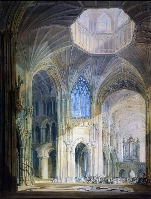 William Turner Das Innere der Kathedrale von Ely Kunstkopie, gotische Gewölbe mit Lichtstrahl, Maßwerkfenster und Orgel