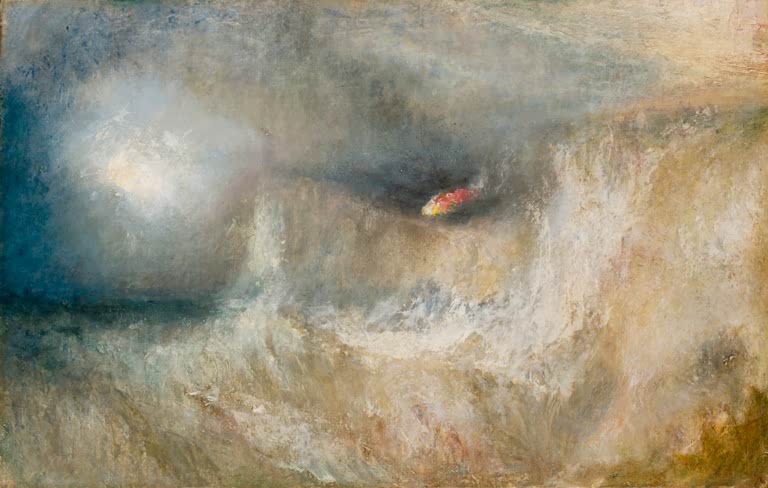 William Turner Das Leuchtfeuer Kunstkopie, aufgewühlte See mit Gischt unter dunklen Wolken und einem rotgelben Lichtpunkt