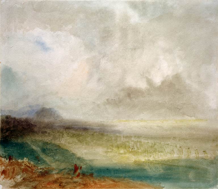 William Turner Das Rhônetal bei Sion Kunstkopie, Wolkenhimmel über grünlichem Flusstal mit rotem Akzent im Vordergrund