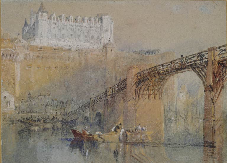 William Turner Das Schloss von Amboise Kunstkopie, helles Schloss über einer Holzbrücke und Booten an der Loire