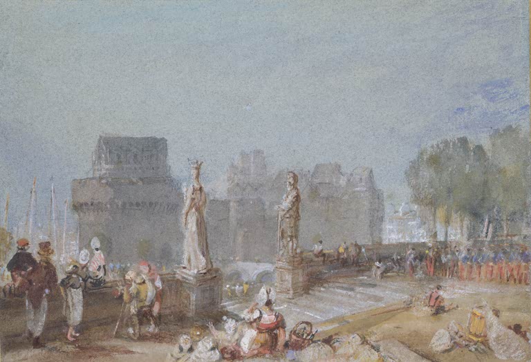 William Turner Das Schloss von Nantes Kunstkopie, Statuen und Menschengruppen vor Burgtürmen im Dunst