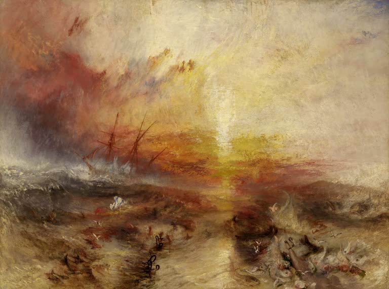 William Turner Das Sklavenschiff Kunstkopie, Segelschiff vor glutrotem Sturmhimmel, im Vordergrund Ketten und Wellen