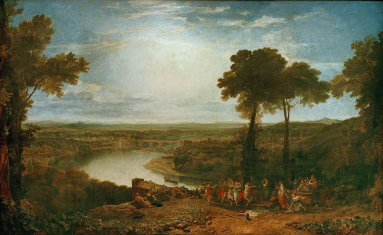 William Turner Das Winzerfest in Maçon Kunstkopie, tanzende Winzer unter hohen Bäumen über einer weiten Flusslandschaft