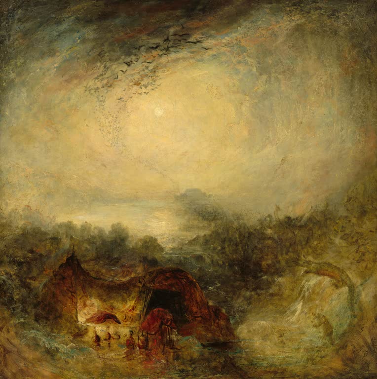 William Turner Der Abend der Sintflut Kunstkopie, wirbelnder Himmel mit Vogelschwarm über Zelt und Flutwellen im Zwielicht