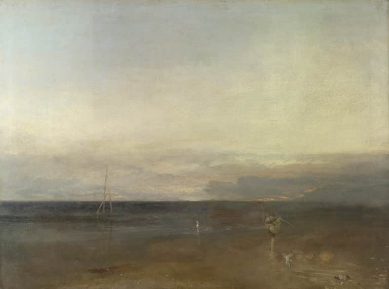 William Turner Der Abendstern Kunstkopie, ruhiger Strand mit Fischer am Wasser, Mast und weitem Himmel im Abendlicht