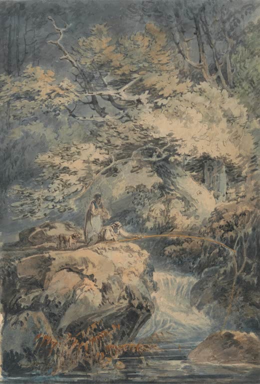 William Turner Der Angler Kunstkopie, zwei Gestalten mit Hund auf einem Felsen unter Bäumen am Wasserfall