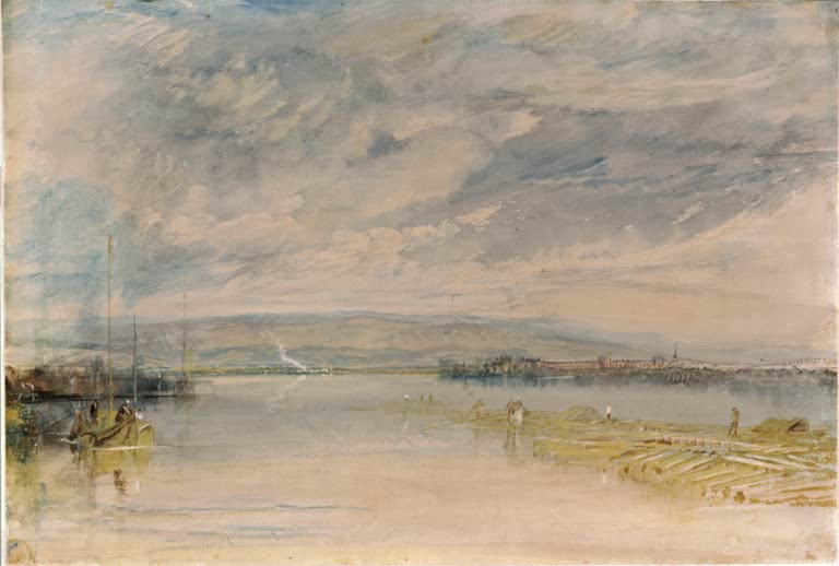 William Turner Der Bischofspalast in Biebrich Kunstkopie, weite Rheinlandschaft mit Booten und Flößen unter bewegtem Himmel