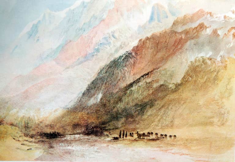William Turner Der Bossons-Gletscher Kunstkopie, rosa und ockerfarbene Berghänge über einem Flusstal im Dunst