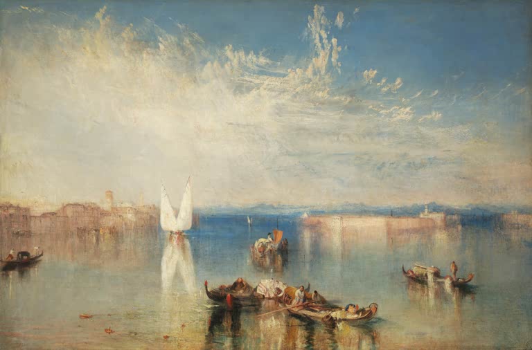 William Turner Der Campo Santo, Venedig Kunstkopie, Gondeln und weißes Segel auf der Lagune unter lichtem Wolkenhimmel